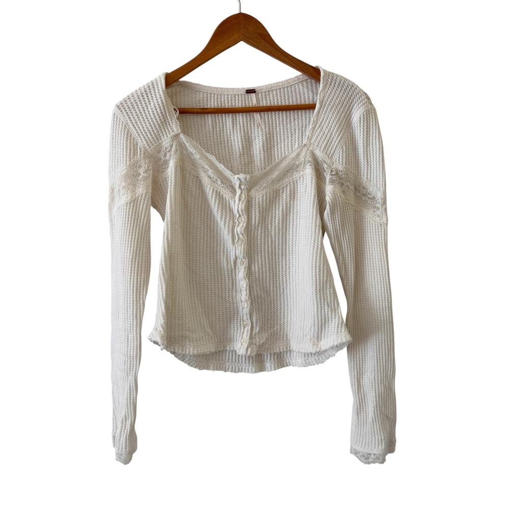 Free People Lets Party Cardi Lace Trim Top Womens M Cream Thermal Waffle Knit